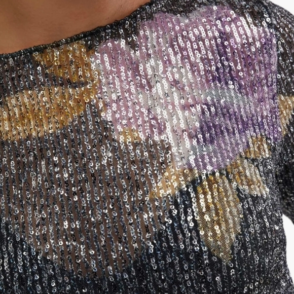 Free People Black and Purple Floral Sequin Long Sleeves Blouse Top - Picture 4 of 10